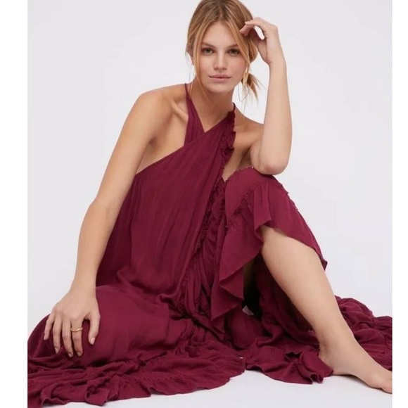Free People Tiered Summer Wrap Around Ruffle Maxi Dress Red Berry Size XS - Picture 9 of 9